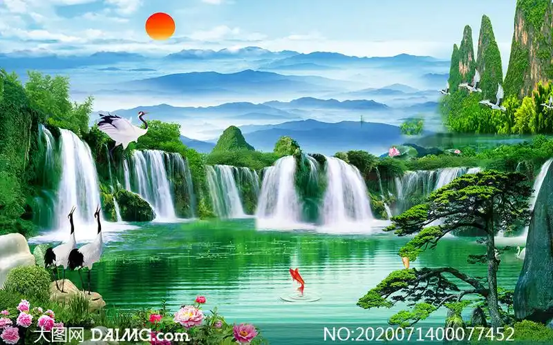 流水生财山水风景装饰画psd模板