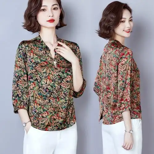 春夏女装高端复古印花中老年宽松雪纺上衣白领哥弟新妈妈真丝衬衫