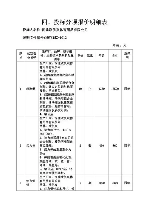 四,投标分项报价明细表