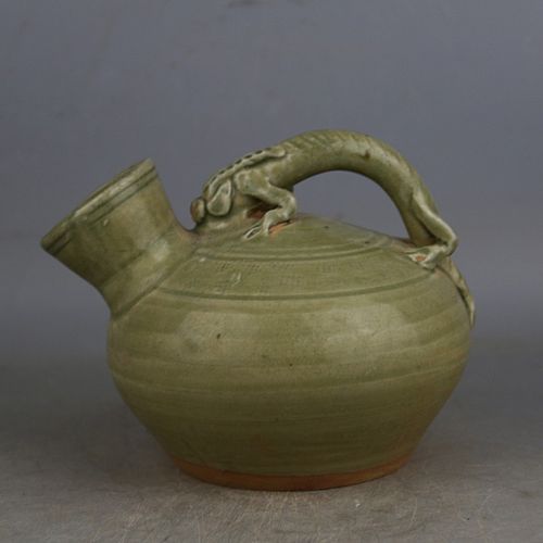 西晋越窑青釉捏雕龙柄夜壶 老物件真品出土古瓷器 手工瓷古玩收藏