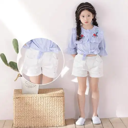 韩版女童2018春夏个性破洞纯色时尚毛边清新牛仔背心套装短裤8065