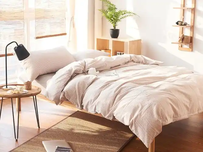 梦婉茹家纺 无印良品全棉色织水洗棉四件套 床单款式四件套 米细条