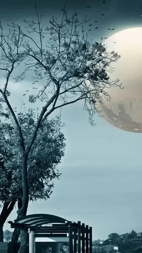 树木,月亮,夜晚,创意设计