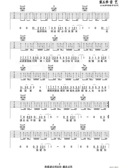 关于我爱你(吉他六线谱)简谱_流行简谱_zzmao简谱网