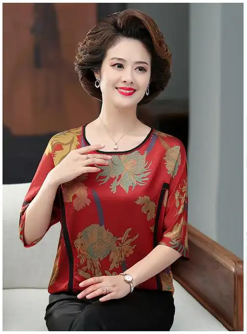 南极人轻奢高档中老年女装 50岁妈妈夏装中袖含真丝t恤女大码上衣奶奶