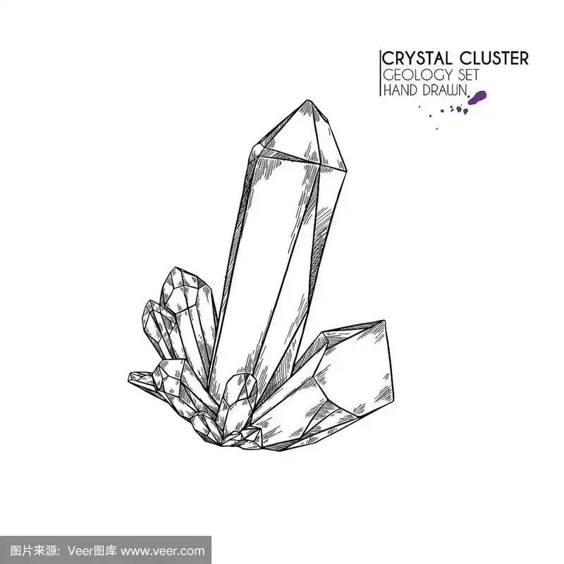 手绘晶体簇.向量矿产插图.紫水晶或石英石.孤立的天然宝石.地质组.