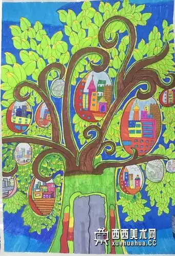 优秀儿童获奖科幻画《绿色环保梦幻家园》欣赏