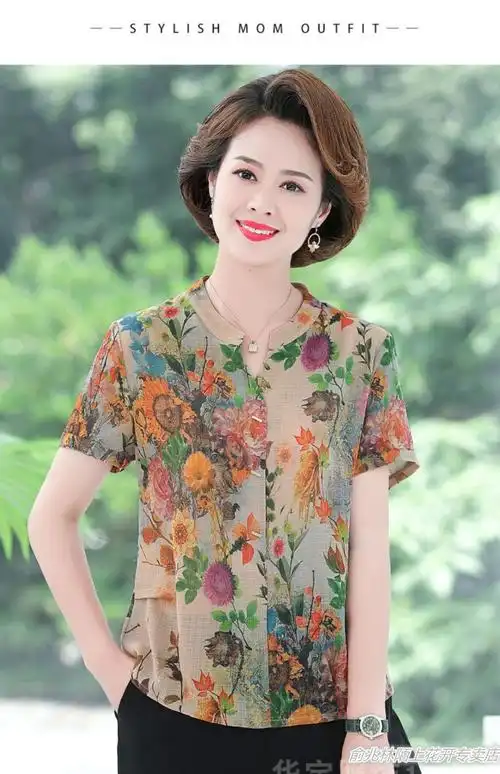 俞兆林优质特价中老年短袖t恤人夏季真丝t恤上衣女妈妈装时尚印花桑