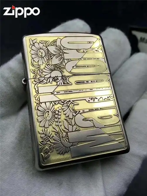 zippo打火机盔甲镀铬双色雕刻花草万宝路万机收藏zippo