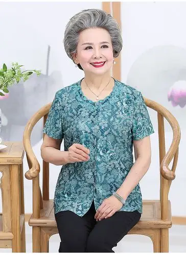 中老年人女装夏装花色奶奶短袖70岁80老人妈妈夏季衬衫太太上衣服