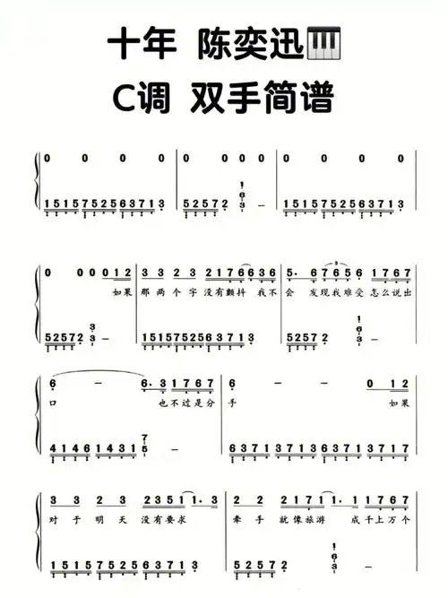流行钢琴曲十年陈奕迅c调简谱钢琴