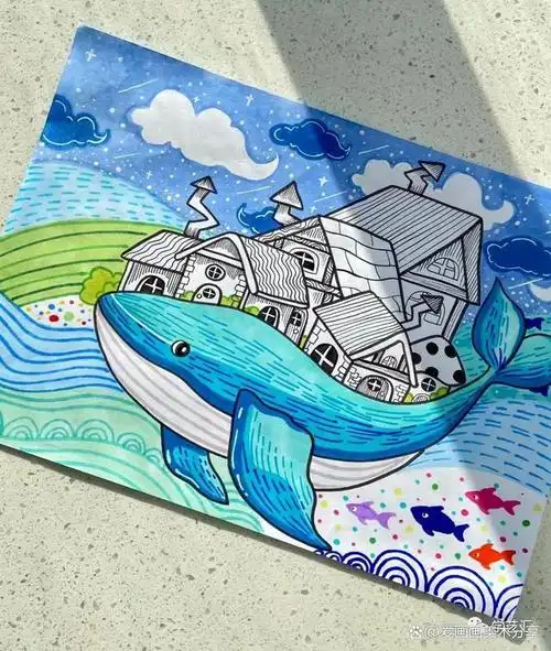 50张~创意美术儿童获奖范画,很值得初学者临摹,色彩都是高级感!