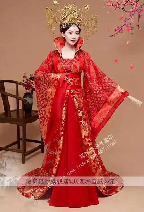 唐朝汉服女原创贵妃红色拖尾中国风古装凤冠霞帔皇后婚礼服装 粉色
