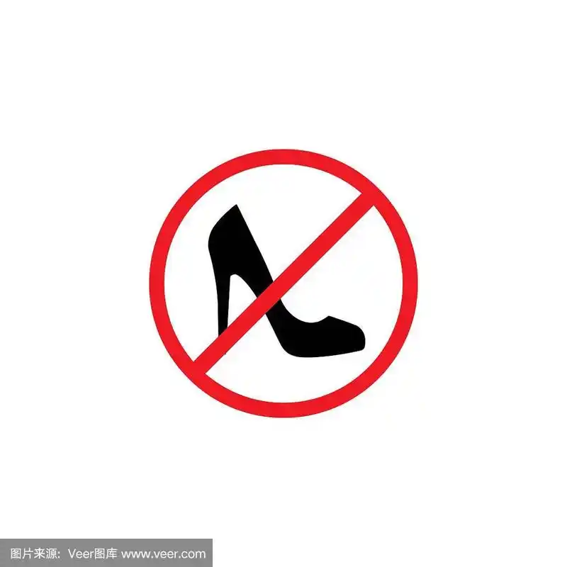 黑色女鞋高跟鞋在红色十字圈.禁止穿尖头跟的拖鞋.