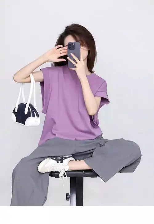 高级感休闲时尚套装小个子活泼减龄紫色短袖t恤阔腿裤两件套女夏 - 17
