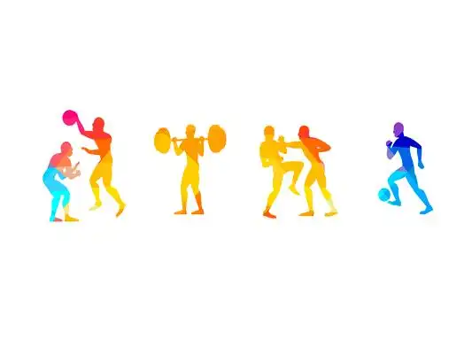 奥运会彩色卡通手绘扁平剪影风运动会打球踢球人物彩色飘带png素材