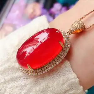 冰种红纹石吊坠 天然老矿收藏级菱锰矿18k金钻石镶嵌 高档宝石