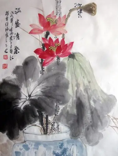 手绘家居装饰字画国画竖幅花鸟云清三尺清供荷花国画