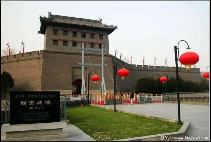 西安城墙永宁门外的吊桥及闸楼.