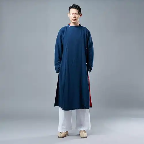 麻凡秋季新款 银扣撞色袍男民族文艺风旗袍立领休闲撞色开叉唐装-阿里