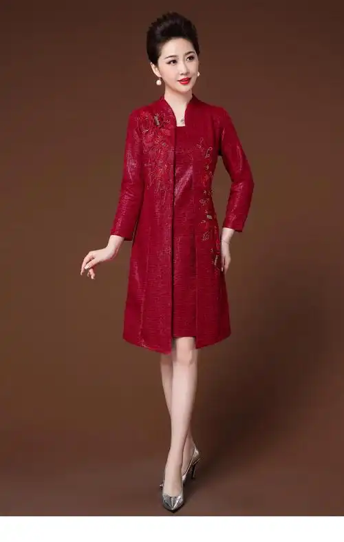 冬天穿喜婆婆婚宴时尚礼服冬款加厚婚礼妈妈装高端中老年结会连衣裙两