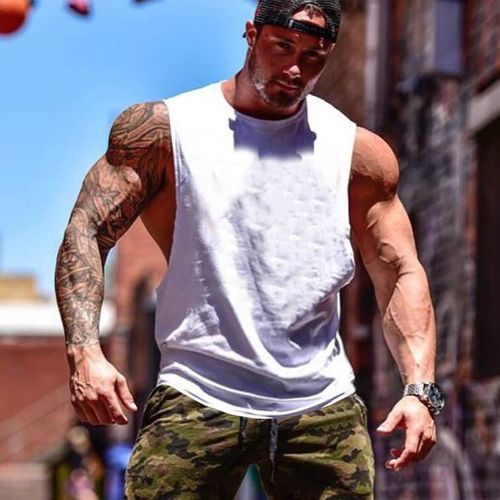 健身跨栏男纯色棉运动肌肉健美侧开叉宽松坎肩t恤套头圆领背心