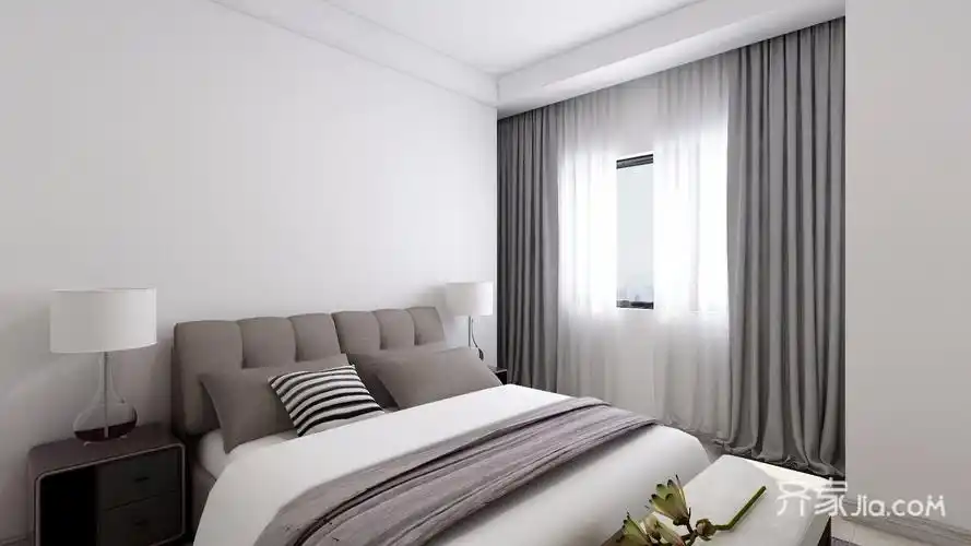 选择了浅灰色的双人床,搭配简约的床上用品,床头的床头柜十分的有质感