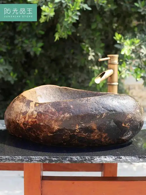 天然鹅卵石洗手盆 户外艺术石头盆复古庭院石材台上盆-阿里巴巴