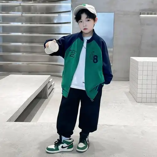 男童春装棒球服外套中大童立领拼接撞色数字刺绣宽酷帅衣服儿童装