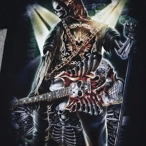 新款潮男骷髅吉他手摇滚短袖纯棉圆领男装重金属t恤