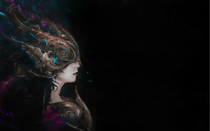 壁纸 幻想女孩侧视图,面具,黑色背景