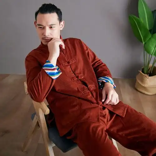 唐装秋款男中式男装灯芯绒中山装男中国风套装男宽松立领长袖长裤