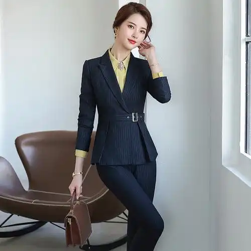 岚心云女士西服 职业装女正装套裙时尚气质修身条纹西装套装师酒店