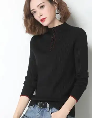 针织打底衫女秋冬新款纯色修身弹力内搭半高领显瘦毛衣女潮黑色m