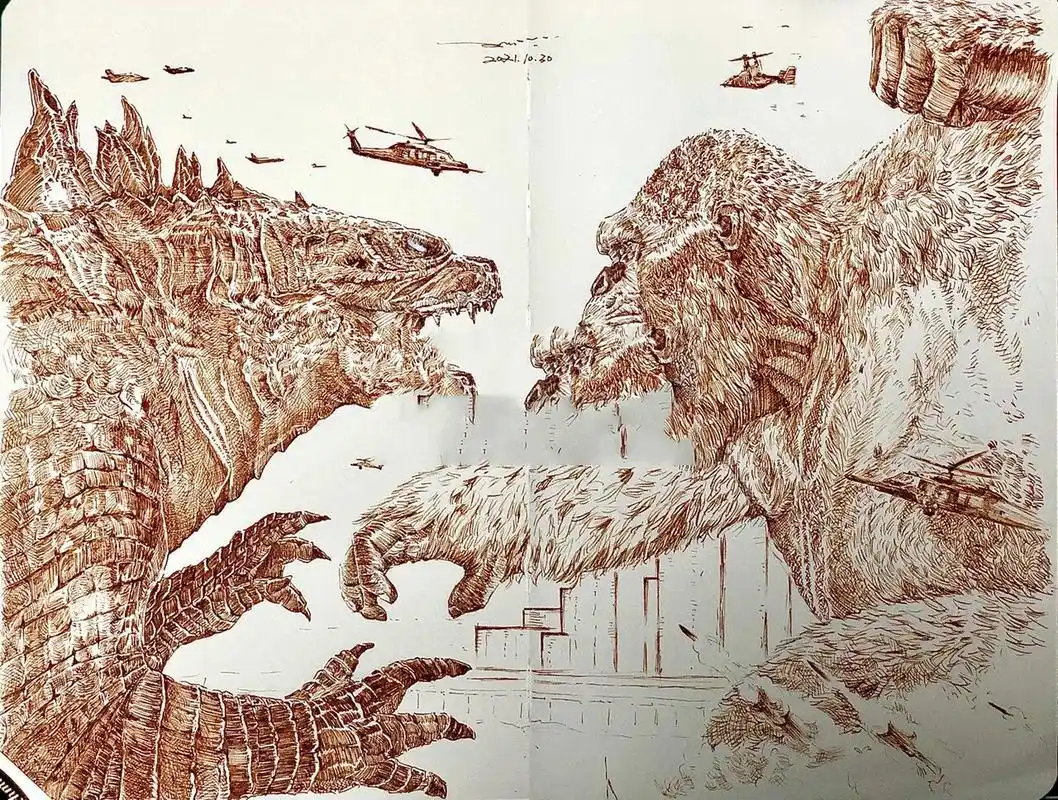 哥斯拉大战金刚|钢笔画过程 "怪兽vs"系列主题本很上瘾啊 (当然也很费
