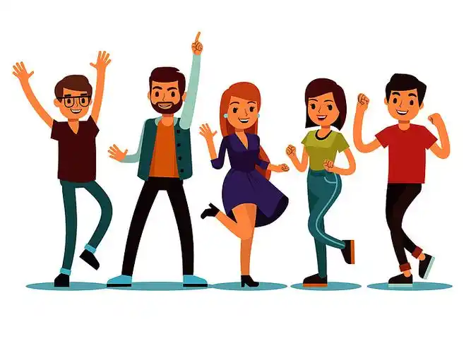 快乐微笑跳舞的年轻人在圣诞 i>晚 /i> i>会 /i> i>上 /i>卡通矢量人