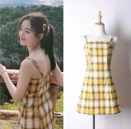 包邮 鞠婧祎同款衣服女夏黄色格子sukol裙小清新复古森女显瘦吊带裙子
