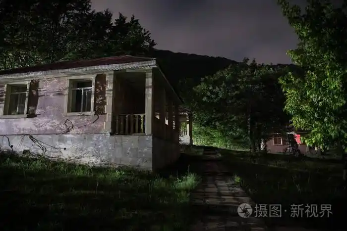 夜晚用月亮或老式乡村住宅在森林中建造的山夜景观,夜晚用云彩和星星.