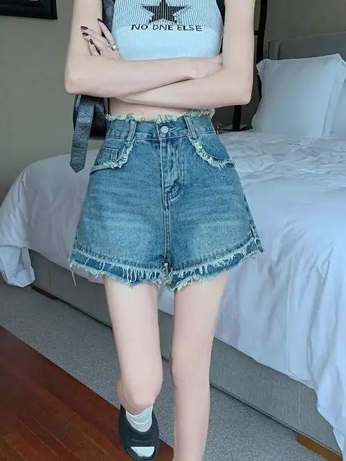 辣妹复古毛边牛仔短裤女夏季新款高腰直筒炸街包臀阔腿a字热裤… - 17
