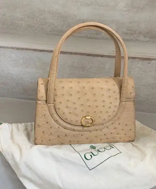 中古gucci绝版鸵鸟皮手提包古董包风琴包