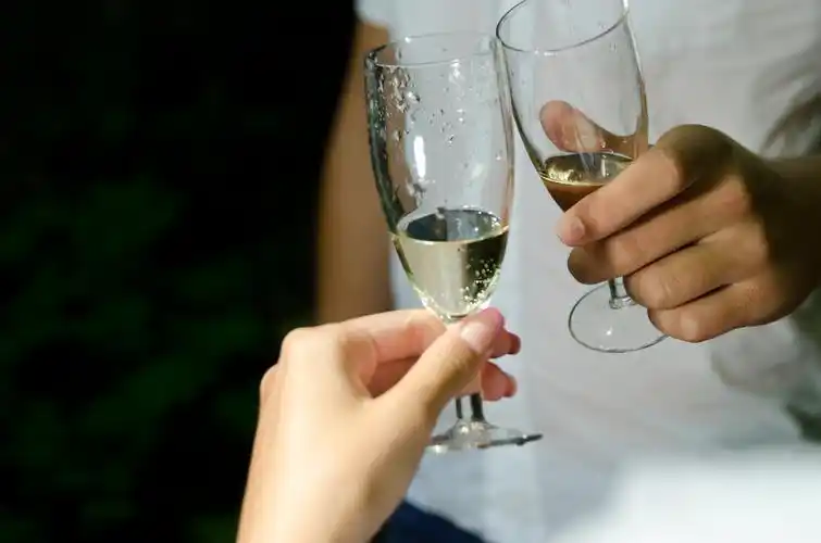 对幸福的夫妇喝葡萄酒和碰杯.