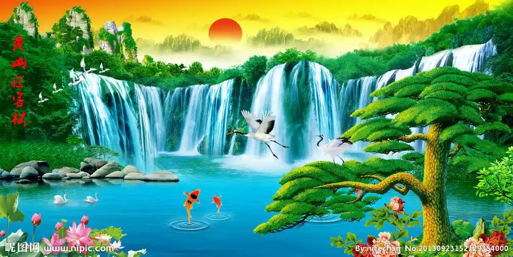 迎客松牡丹仙鹤图片