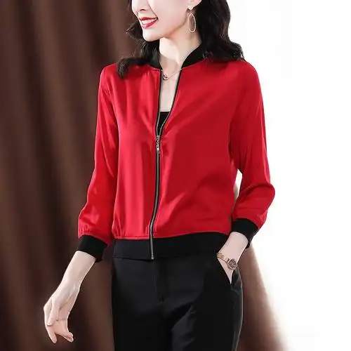 红色真丝夹克衫女棒球服新款休闲桑蚕丝女装上衣薄款初春外套开衫