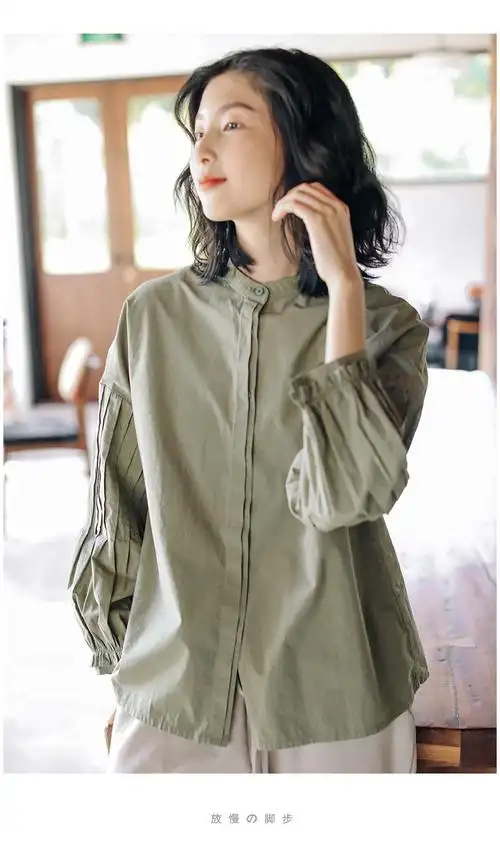 可然全棉手工压褶绿色长袖衬衫女春秋装复古宽松衬衣棉上衣原创设计师