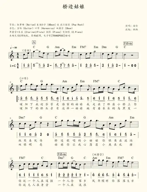 电子琴谱《桥边姑娘》 需要的朋友拿走～_电子琴_金色阳光花园攻略_桥