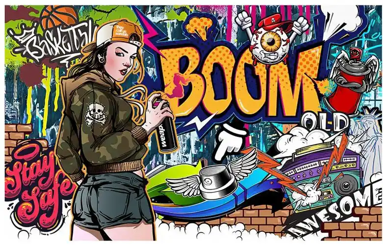 街头涂鸦墙纸工业风餐厅嘻哈街舞背景舞蹈室健身房壁纸服装店壁画