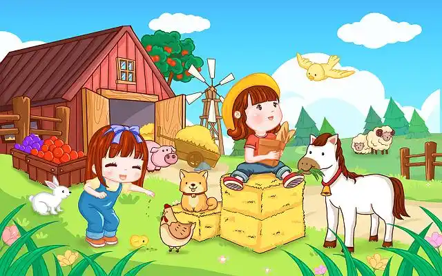 卡通农场牧场动物手绘插画可爱女孩马羊猪鸡兔子鸟农民乡间草地农场