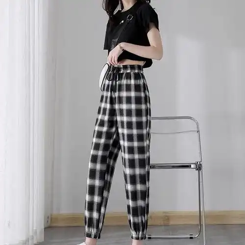 秋壳格子哈伦裤女春夏秋宽松高腰显瘦百搭束脚卫裤休闲运动灯笼裤