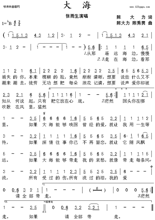 大海张雨生-男歌手--最新歌谱-曲谱资料
