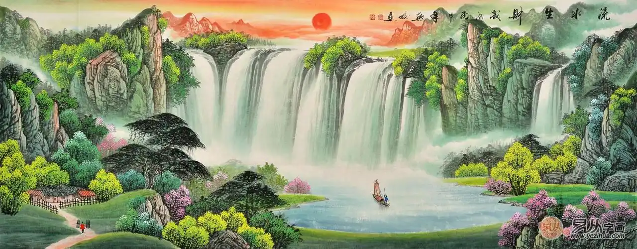 会客厅山水国画 刘燕娇山水画聚宝盆《流水生财》富水长流 流水生财这